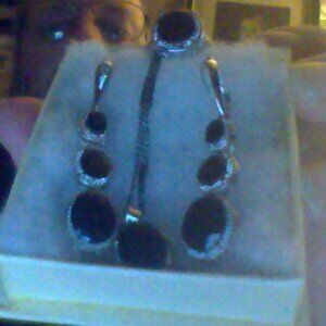 silver and onyx jewelry set, earrings necklace and size 5 ring
